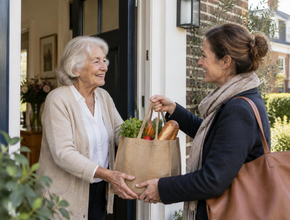 Een oudere vrouw ontvangt praktische hulp met boodschappen