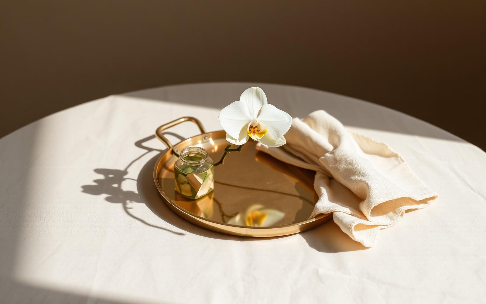 Een messing dienblad met een witte orchidee op warm linnen